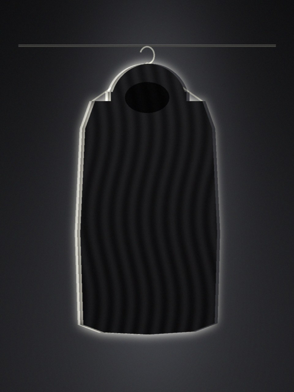 Dark performance garment silhouette suspended in a studio
